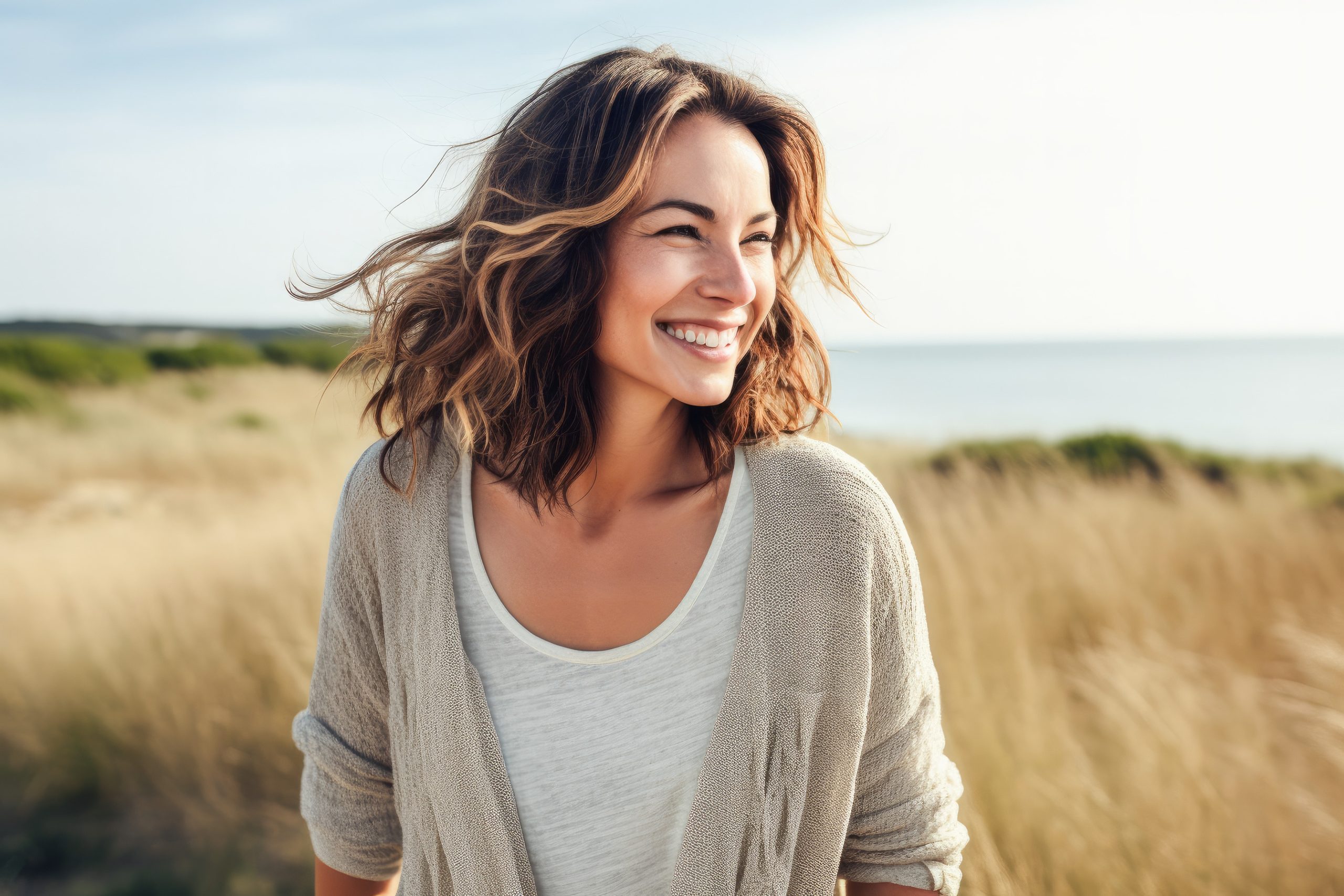 Portrait In The Beach Of A Pleased 30 Years Old Woman.